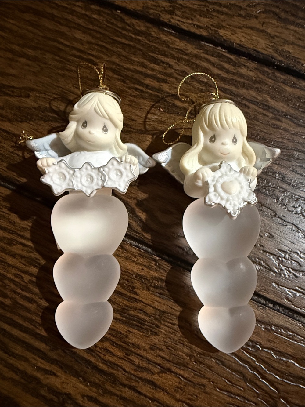 Precious Moments Cream and Frosted White Angel Heart Ornaments - Pair